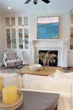 Load image into Gallery viewer, Bluegreen abstract landscape painting &quot;Frisco Bay,&quot; canvas wall art by Victoria Primicias, decorates the living room.
