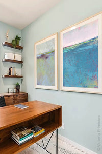Bluegreen abstract coastal wall decor "Frisco Bay," giclee print by Victoria Primicias, decorates the office.