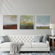 Load image into Gallery viewer, Serene abstract coastal wall decor &quot;Golden Lining,&quot; digital print by Victoria Primicias, decorates the living room.

