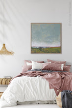 Load image into Gallery viewer, Gray abstract coastal wall decor &quot;Golden Lining,&quot; fine art print by Victoria Primicias, decorates the bedroom.
