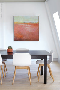 Square abstract coastal wall decor "Golden Voyage," digital download by Victoria Primicias, decorates the office.