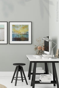 Coastal yellow abstract beach wall decor "Guardian Light," printable art by Victoria Primicias, decorates the office.