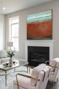 Unique abstract coastal wall decor "Havana Stories," printable wall art by Victoria Primicias, decorates the fireplace.