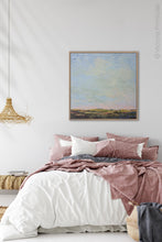 Load image into Gallery viewer, Blue abstract beach artwork &quot;Hello Again,&quot; downloadable art by Victoria Primicias, decorates the bedroom.
