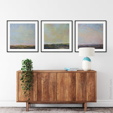 Load image into Gallery viewer, Blue abstract beach artwork &quot;Hello Again,&quot; downloadable art by Victoria Primicias, decorates the entryway.
