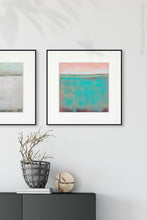 Load image into Gallery viewer, Teal green abstract coastal wall decor &quot;Hero Harbor,&quot; digital download by Victoria Primicias, decorates the entryway.
