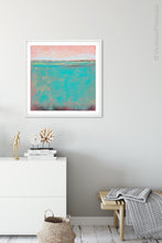 Load image into Gallery viewer, Teal green abstract coastal wall art &quot;Hero Harbor,&quot; digital artwork by Victoria Primicias, decorates the hallway.
