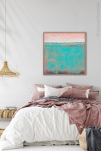 Load image into Gallery viewer, Teal green abstract coastal wall decor &quot;Hero Harbor,&quot; digital print by Victoria Primicias, decorates the bedroom.
