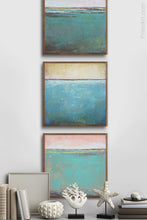 Load image into Gallery viewer, Teal green abstract ocean wall art &quot;Hero Harbor,&quot; printable art by Victoria Primicias, decorates the entryway.
