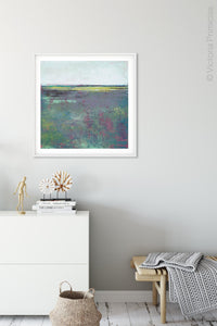 Unique abstract landscape art "Holly Shelter," digital download by Victoria Primicias, decorates the hallway.