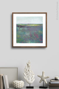Impressionist abstract landscape painting "Holly Shelter," giclee print by Victoria Primicias, decorates the wall.