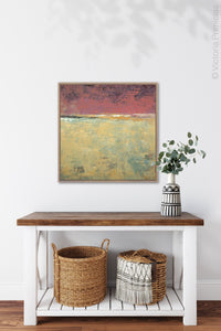 Bold abstract landscape painting "Imperial Secrets," downloadable art by Victoria Primicias, decorates the entryway.
