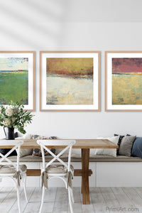 Bold abstract beach artwork "Imperial Secrets," digital download by Victoria Primicias, decorates the dining room.