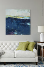 Load image into Gallery viewer, Conteporary indigo abstract beach wall decor &quot;Indigo Blue,&quot; digital print by Victoria Primicias, decorates the living room.
