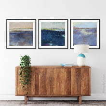 Load image into Gallery viewer, Conteporary indigo abstract beach wall decor &quot;Indigo Blue,&quot; digital art landscape by Victoria Primicias, decorates the entryway.
