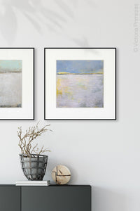 Yellow and gray abstract beach artwork "Inner Ocean," fine art print by Victoria Primicias, decorates the entryway.