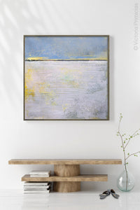 Yellow and gray abstract coastal wall decor "Inner Ocean," metal print by Victoria Primicias, decorates the hallway.
