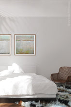 Load image into Gallery viewer, Neutral color abstract landscape art &quot;Ivory Shore,&quot; digital print by Victoria Primicias, decorates the bedroom.
