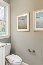 Load image into Gallery viewer, Gray abstract ocean art &quot;Ivory Shore,&quot; canvas wall art by Victoria Primicias, decorates the bathroom.
