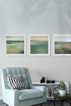Load image into Gallery viewer, Verdant green abstract landscape art &quot;Jade Lea,&quot; digital print by Victoria Primicias, decorates the living room.
