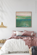 Load image into Gallery viewer, Verdant green abstract landscape art &quot;Jade Lea,&quot; digital print by Victoria Primicias, decorates the bedroom.
