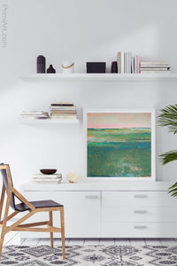Verdant green abstract landscape painting "Jade Lea," digital print by Victoria Primicias, decorates the office.