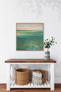 Verdant green abstract landscape painting "Jade Lea," digital print by Victoria Primicias, decorates the entryway.
