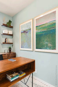 Green abstract landscape art "Jade Lea," giclee print by Victoria Primicias, decorates the office.