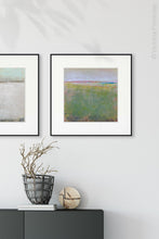 Load image into Gallery viewer, Square abstract landscape painting &quot;Kelly Corridor,&quot; digital print by Victoria Primicias, decorates the entryway.

