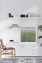 Load image into Gallery viewer, Square abstract landscape painting &quot;Kelly Corridor,&quot; digital print by Victoria Primicias, decorates the office.
