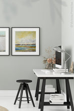 Load image into Gallery viewer, Coastal abstract landscape art &quot;Lapping Layers,&quot; digital download by Victoria Primicias, decorates the office.

