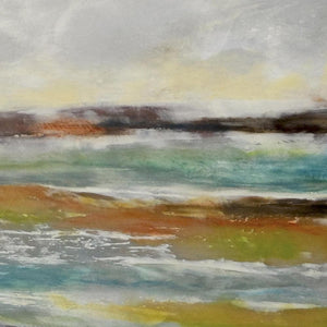 Closeup detail of yellow coastal abstract ocean painting "Lapping Layers," canvas wall art by Victoria Primicias