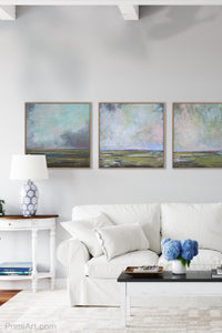 Square abstract landscape art "Last Soiree," printable wall art by Victoria Primicias, decorates the living room.