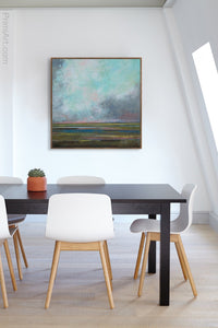Square abstract landscape art "Last Soiree," printable wall art by Victoria Primicias, decorates the office.