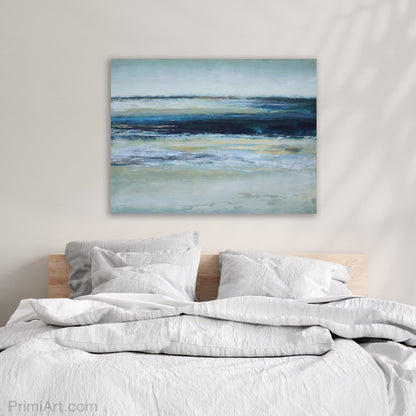 indigo and yellow coastal artwork in bedroom