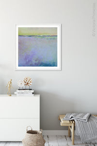 Purple abstract seascape painting "Lilac Secrets," digital artwork by Victoria Primicias, decorates the foyer.