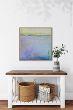 Load image into Gallery viewer, Purple abstract ocean art &quot;Lilac Secrets,&quot; downloadable art by Victoria Primicias, decorates the hallway.

