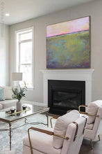 Load image into Gallery viewer, Horizon abstract landscape painting &quot;Lively Dispatch,&quot; digital artwork by Victoria Primicias, decorates the fireplace.
