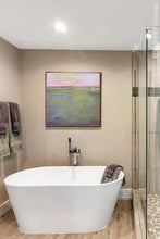 Load image into Gallery viewer, Horizon abstract ocean wall art &quot;Lively Dispatch,&quot; digital art landscape by Victoria Primicias, decorates the bathroom.
