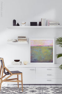 Horizon abstract ocean wall art "Lively Dispatch," digital artwork by Victoria Primicias, decorates the office.