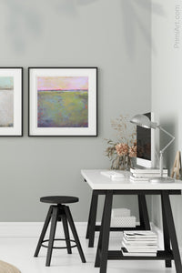 Horizon abstract beach artwork "Lively Dispatch," digital download by Victoria Primicias, decorates the office.