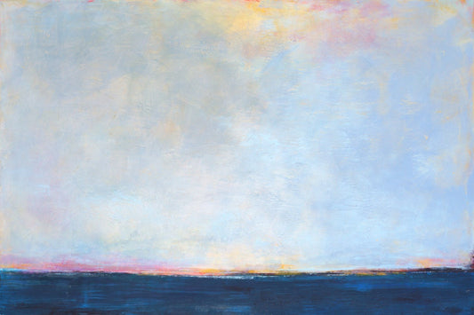 Serene horizon abstract beach painting "Local Celebrity," blue original art by Victoria Primicias