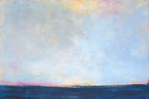 Serene horizon abstract beach painting "Local Celebrity," blue original art by Victoria Primicias