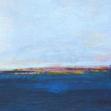 Load image into Gallery viewer, Closeup detail of serene horizon abstract landscape art &quot;Local Celebrity,&quot; blue original painting by Victoria Primicias
