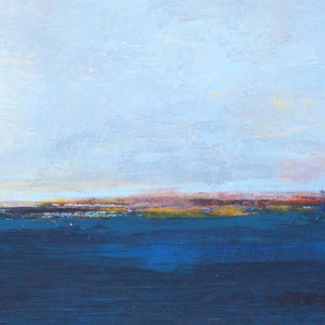 Closeup detail of serene horizon abstract landscape art "Local Celebrity," blue original painting by Victoria Primicias