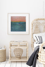 Load image into Gallery viewer, Modern abstract coastal wall art &quot;Lost Emerald,&quot; digital print by Victoria Primicias, decorates the bedroom.
