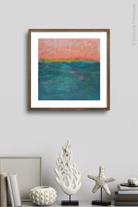 Modern abstract ocean wall art "Lost Emerald," digital print by Victoria Primicias, decorates the wall.