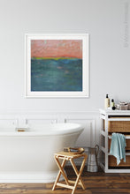 Load image into Gallery viewer, Contemporary abstract coastal wall art &quot;Lost Emerald,&quot; fine art print by Victoria Primicias, decorates the bathroom.

