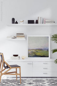 Serene abstract landscape painting "Manana Margarita," digital print by Victoria Primicias, decorates the office.
