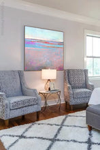 Load image into Gallery viewer, Sweet square abstract beach painting &quot;Marathon Miles,&quot; printable wall art by Victoria Primicias, decorates the bedroom.
